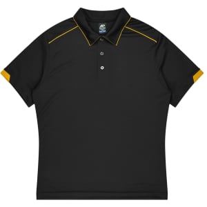 A black polo shirt featuring yellow accents and a collar, suitable for sports uniforms. It includes a logo.