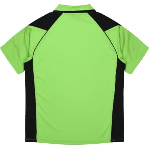 A bright green polo shirt with black accents and a logo on the back.