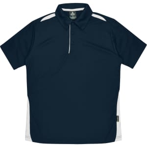 A navy blue polo shirt featuring white side panels and a collar, with a logo on the chest.