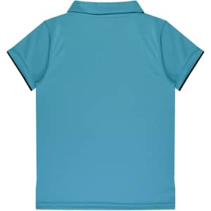 A turquoise polo shirt with a collar and short sleeves, featuring a logo on the front.