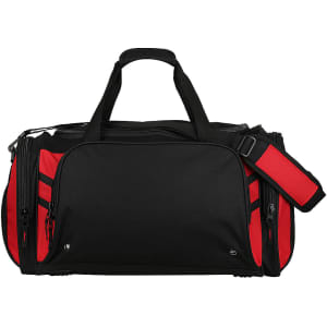 A black and red duffle bag with a shoulder strap and multiple zippers, featuring a logo.