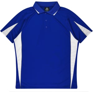 A blue polo shirt featuring white side panels and a collar, with a logo on the collar area.