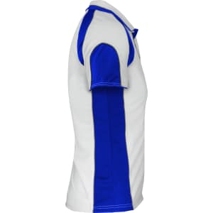 A polo shirt with a white body and blue sleeves, featuring a logo on the chest.