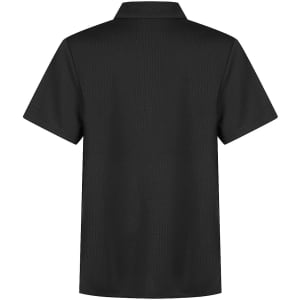 A black short-sleeved polo shirt featuring a collar and a logo on the side. Suitable for sports uniforms.