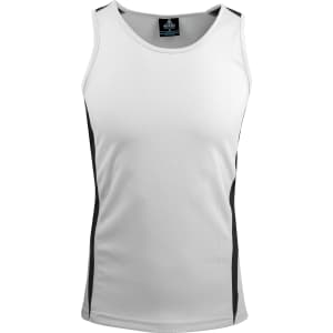 A white singlet with black side panels, featuring a logo on the neck label.