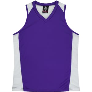 A purple singlet with white side panels and a v-neck design, featuring a logo.