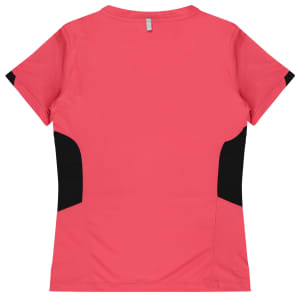 A coral pink women's t-shirt with black side panels and a logo on the back.