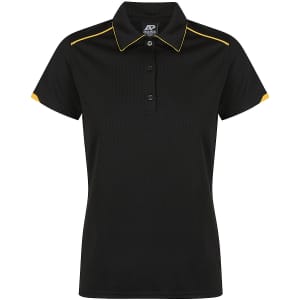 A black polo shirt with yellow accents, featuring a collar and buttons, designed for women's wear. It has a logo.