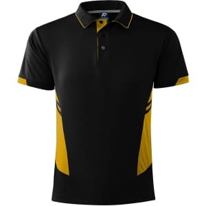A black and yellow polo shirt featuring short sleeves and a collar, including a logo on the front.