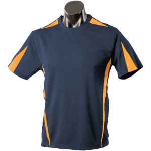 A navy blue t-shirt featuring orange accents, displayed on a mannequin. Includes a logo on the shirt.