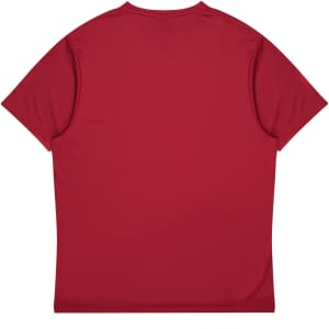 A red t-shirt with short sleeves and a plain back, featuring a logo on the upper back.