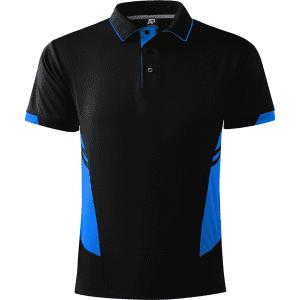 A black polo shirt with blue side panel accents and a collar. The shirt features a logo.