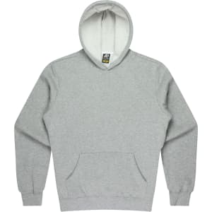 A grey kids hoodie featuring a front pocket and an attached hood, with a logo visible.