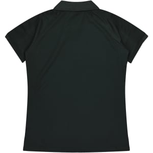A dark green polo shirt with a short sleeve and a classic collar design. The back view is displayed.