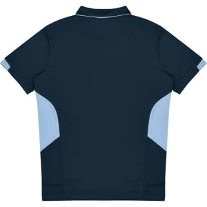 A navy blue polo shirt featuring light blue accents on the sides and a collar. The shirt has a logo on it.
