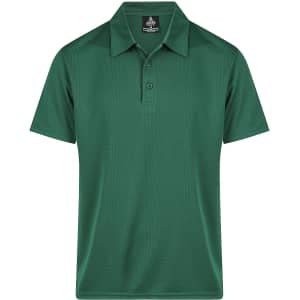 A green men's polo shirt with a collar, featuring buttons and a branding logo. Suitable for casual wear.