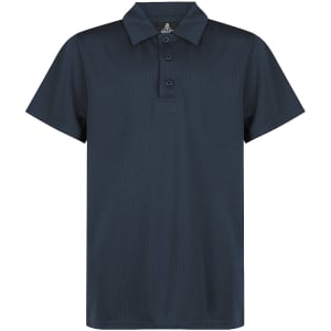 A navy blue polo shirt with a collared neckline and three buttons. Features branding on the collar.