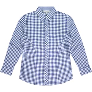A blue and white checkered long sleeve button-up shirt, featuring a collar and a logo.