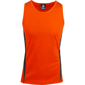 An orange singlet featuring black side panels and a branded label on the inside collar.