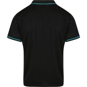 A black polo shirt featuring contrasting coloured detailing on the collar and sleeves. It has a logo on the chest.