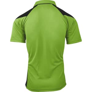 A green polo shirt with black accents, featuring a collar and short sleeves, viewed from the back.