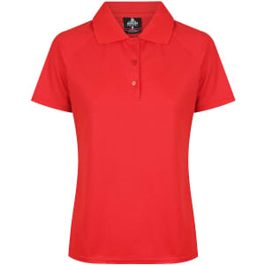 A red polo shirt with a collar and button placket, featuring a brand logo. Ideal for casual wear.