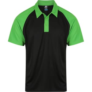 A black polo shirt with green sleeves and a collar. It features a logo on the upper inner side.