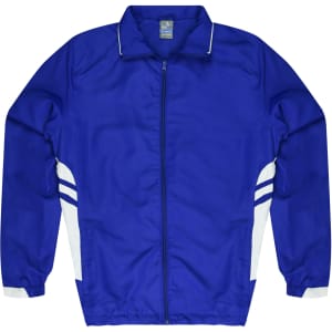 A blue jacket with white side stripes and a zip front. It has a collar and long sleeves.