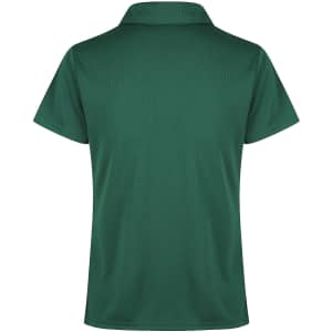 A green polo shirt featuring a collar, designed without visible logos or text, showcasing a smooth fabric texture.