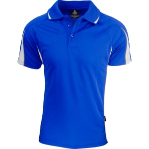 A blue polo shirt with white detailing on the sleeves and a logo on the collar.