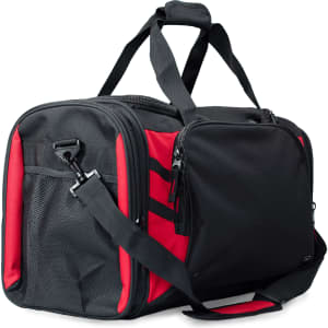 A black and red duffle bag with a shoulder strap and multiple compartments, featuring a branding logo.
