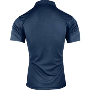 A navy blue polo shirt with a classic collar and short sleeves, featuring a logo on the back.