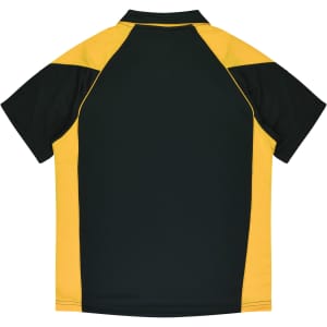 A polo shirt featuring green and yellow panels, designed for kids, with a logo on the front.