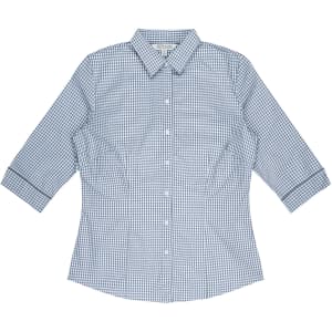 A blue and white checkered button-up shirt with 3/4 sleeves and a collar, featuring a logo.