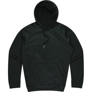 A dark green hoodie with a front pocket and adjustable drawstring hood. Features a logo on the chest.