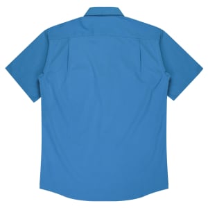 A short sleeve button-up shirt in a vibrant blue colour, featuring a simple design and back pleats.