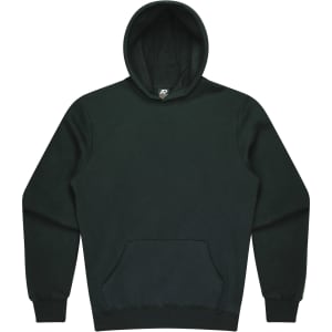 A dark green kids' hoodie featuring a spacious front pocket and a classic hood design. It includes a logo.