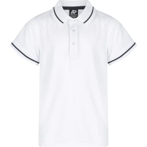 A white polo shirt featuring contrasting dark trim and a collar. It has a logo on the front.