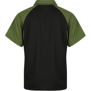A polo shirt featuring a black body with green shoulder panels, designed for kids. Includes a logo.
