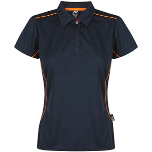 A dark navy polo shirt with short sleeves and orange piping accents. It features a collar and a brand logo.