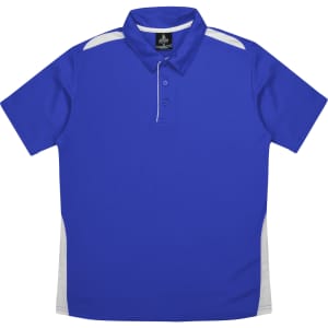 A blue polo shirt with white side panels and a collar, featuring a logo on the upper back.