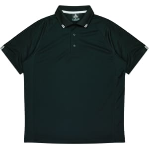 A dark green polo shirt featuring a classic collar and three buttons, with contrasting stripes on the sleeves.