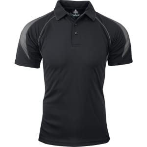 A black polo shirt featuring grey accent detailing and a logo on the chest area.