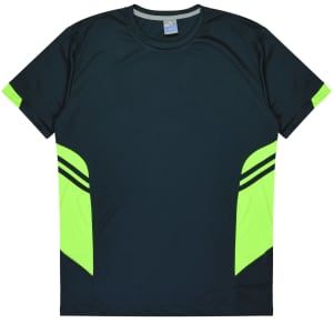 A dark green T-shirt with bright yellow accents and stripes, featuring a logo on the front.