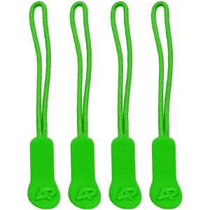 Four green zip puller accessories with textured grips, featuring a logo on each puller.