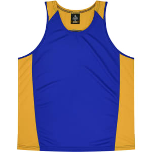 A blue and gold singlet featuring a logo. The design has contrasting coloured panels.
