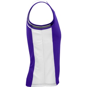 A purple and white singlet with a fitted design and a branded logo.