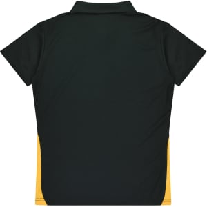 A green polo shirt with yellow side panels and a classic collar, featuring a logo on the back.