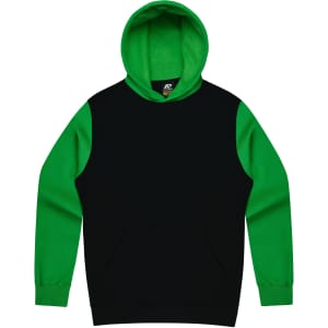 A black hoodie with green sleeves and a hood, featuring a front pocket and a logo.