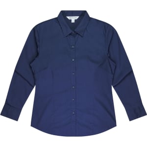 A navy long sleeve button-up shirt with a collar and a logo on the label.